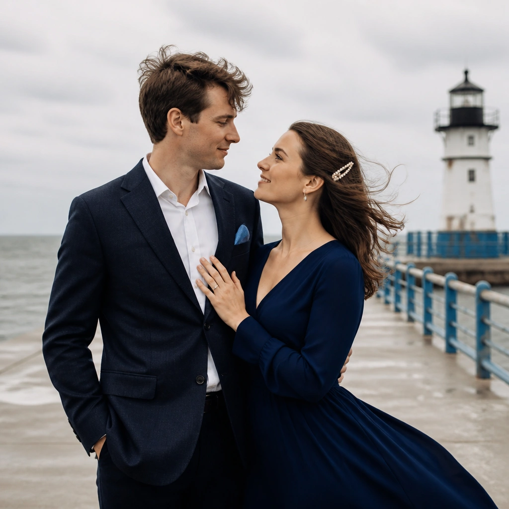 A couple on a coastal pier in windy conditions; the man wears a navy jacket with a satin pocket square, the woman wears a soft navy dress and a small pearl hair clip; hair and fabric move in the breeze.