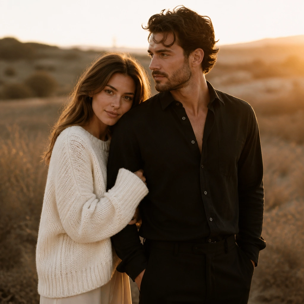 A couple standing close together outdoors, one wearing a cream knit sweater and the other in a fitted black trouser with a dark shirt; warm golden light fills the background.