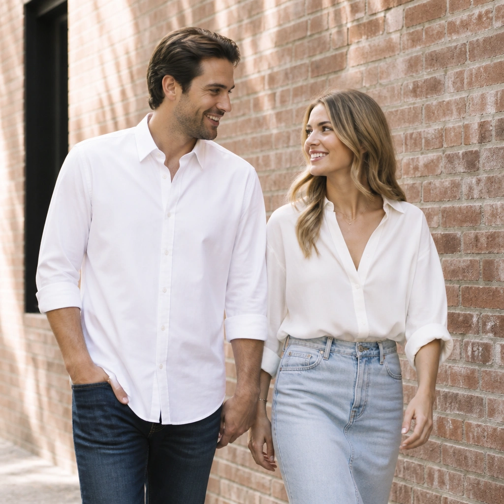 Man in a plain white button-down and dark denim, woman in a white blouse and light-wash denim skirt/jeans; they’re walking along a brick wall with soft sunlight.
