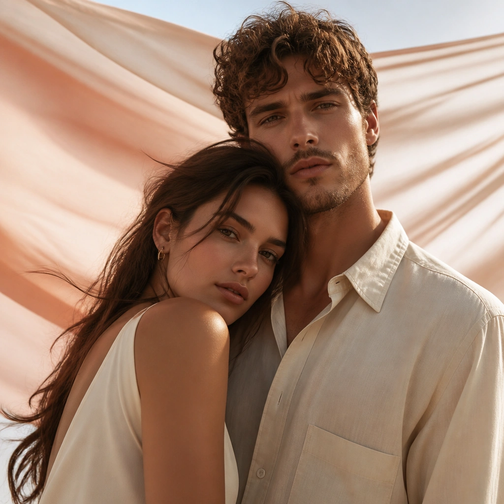 A couple posed with a flowing satin scarf behind them, creating a soft gradient background; the fabric catches light and blurs nicely.