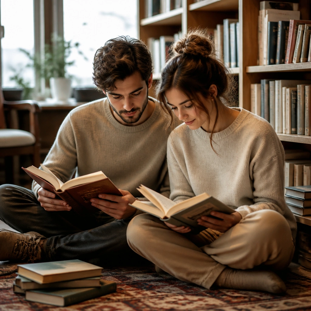 Couple seated on the floor between shelves, flipping through books; neutral clothing tones blend into the warm indoor lighting.