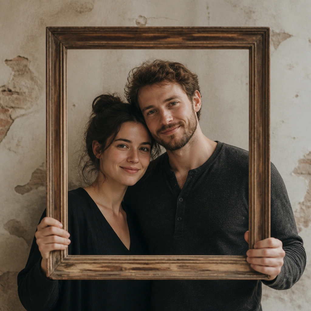 A couple holding an old wooden picture frame; frame is centered in the shot while they smile softly against a textured wall.