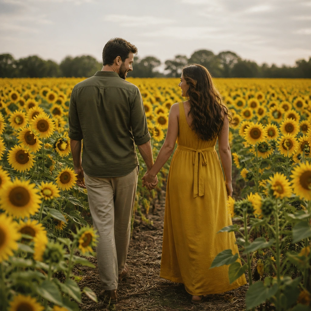 Couple walking into a sunflower field, man in olive and woman in mustard tones; bright yellow flowers fill the frame.