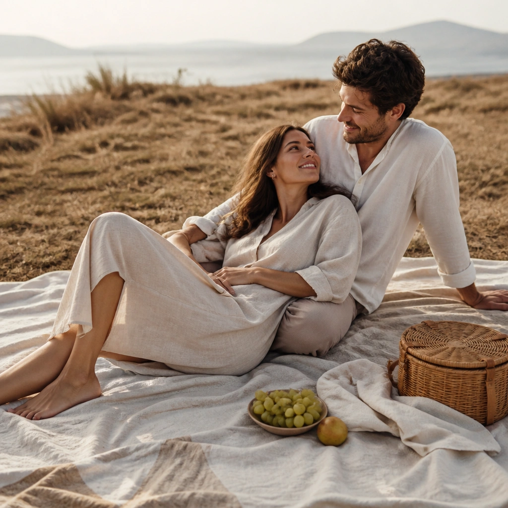 Couple on a blanket with a rattan bag and linen pieces; soft golden light and minimal props create a clean picnic scene.