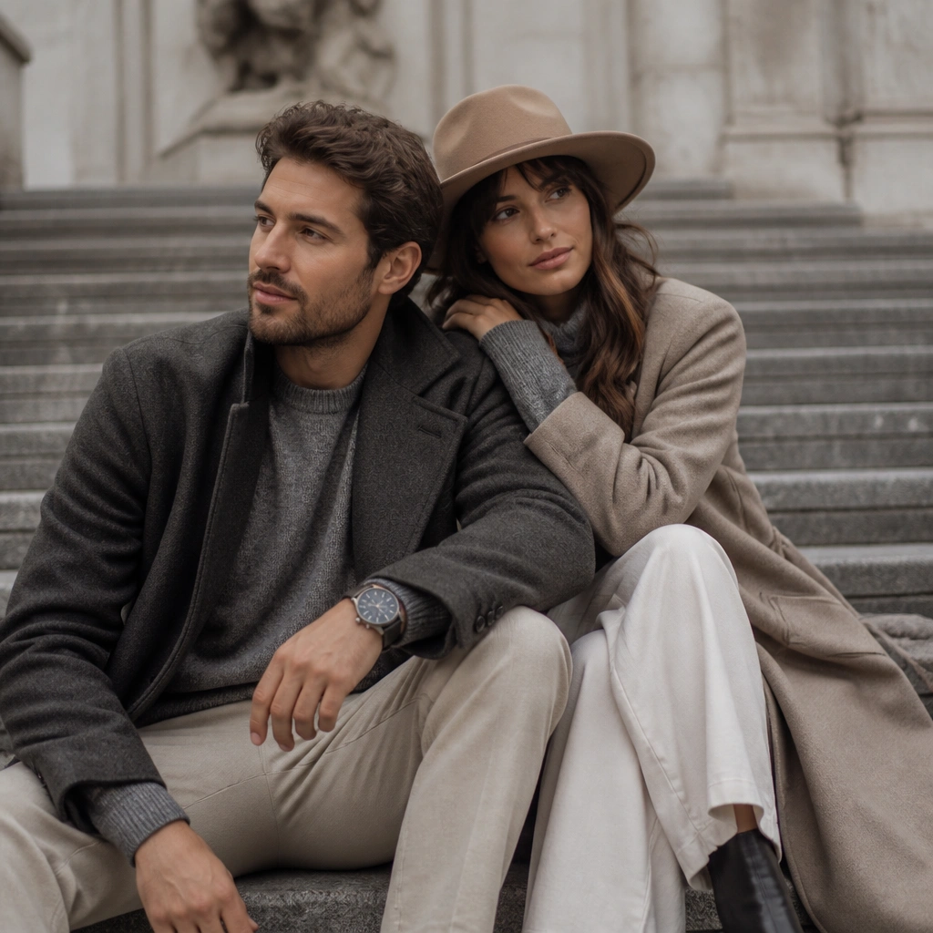 Couple sitting on wide stone steps in a city, wearing muted outfits with a visible statement accessory like a hat or a bold watch.