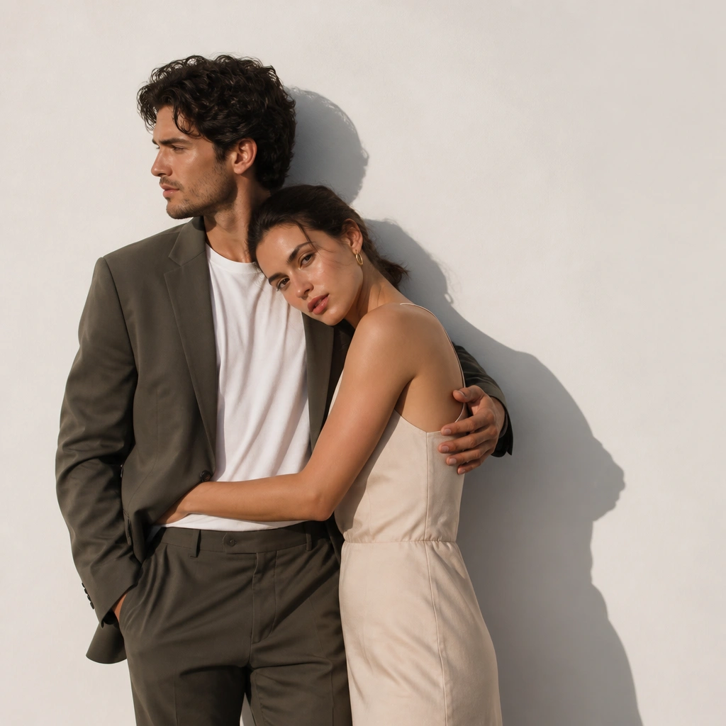Couple posed against a bright white wall, with their shadows creating graphic shape; matte clothing tones look clean and modern.