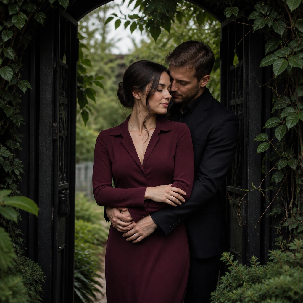 Couple framed by a dark garden gate, woman in burgundy dress/top and man in black; greenery surrounds them.