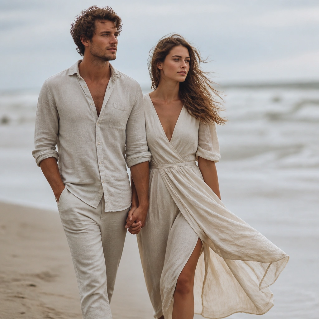 Couple walking on the beach in neutral outfits, hair and fabric moving in the wind; waves blur in the background.