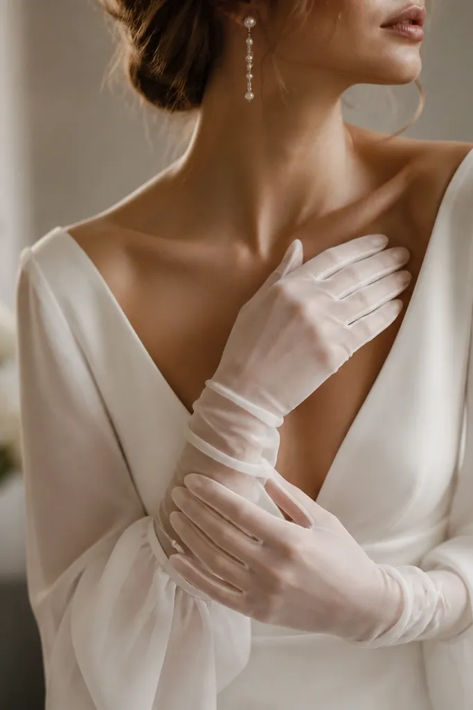 Ivory sheer wrist gloves paired with a long sleeve wedding dress, the fabric looks light and semi-transparent with a smooth finish.