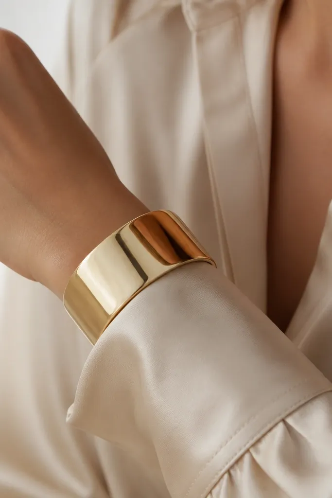 A wide, polished gold cuff sits right at the edge of a long sleeve satin cuff, with the cuff reflecting light in a clean curve.