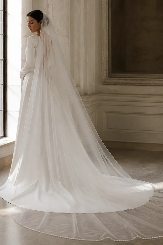 Full-length cathedral veil draped over a long-sleeve bridal gown, with a subtle pearl beaded trim along the border.