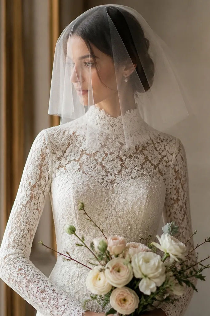 Short blusher veil covering part of the face, paired with long lace sleeves and a high-neck or modest neckline.