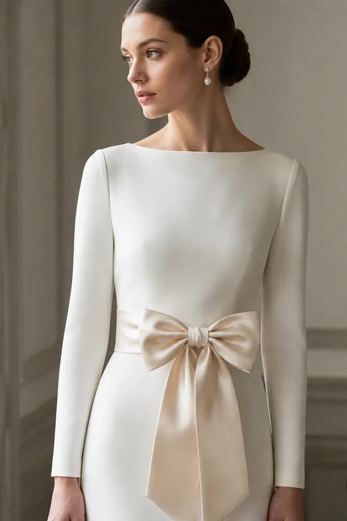 Champagne silk bow belt tied at the waist over a long sleeve wedding dress, with the bow sitting centered and neatly structured.