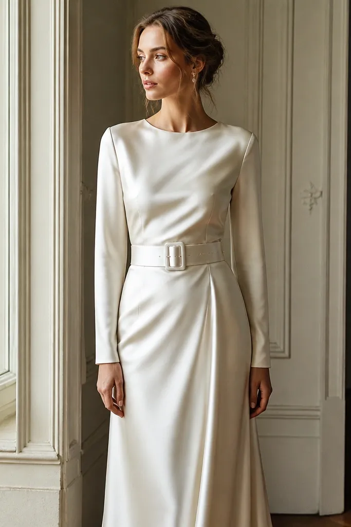 A satin belt with a clean buckle detail at the front, worn over a long sleeve gown with minimal waist embellishment.