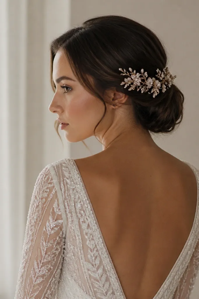 Hair vine with rhinestone accents tucked into a low bun, paired with a long sleeve wedding dress neckline.