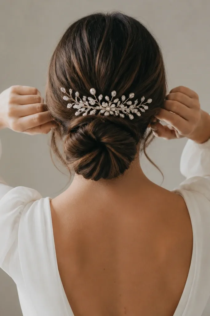 A pearl and crystal comb hair accessory positioned at the back of a hairstyle, with long sleeves visible in the frame.