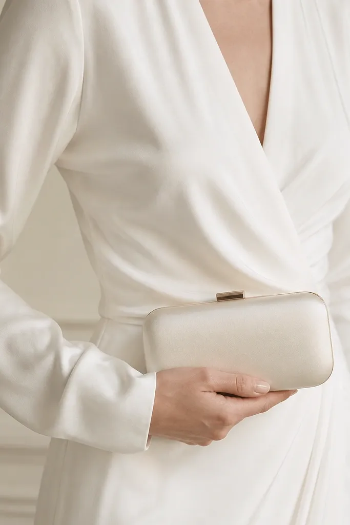 Ivory satin micro clutch with a minimal metal clasp, held near the waist by a model wearing long sleeves.