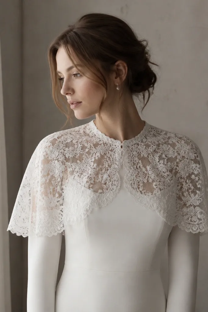 A fitted lace capelet draped over long sleeves, the lace edges look scalloped and attached with a barely visible closure.