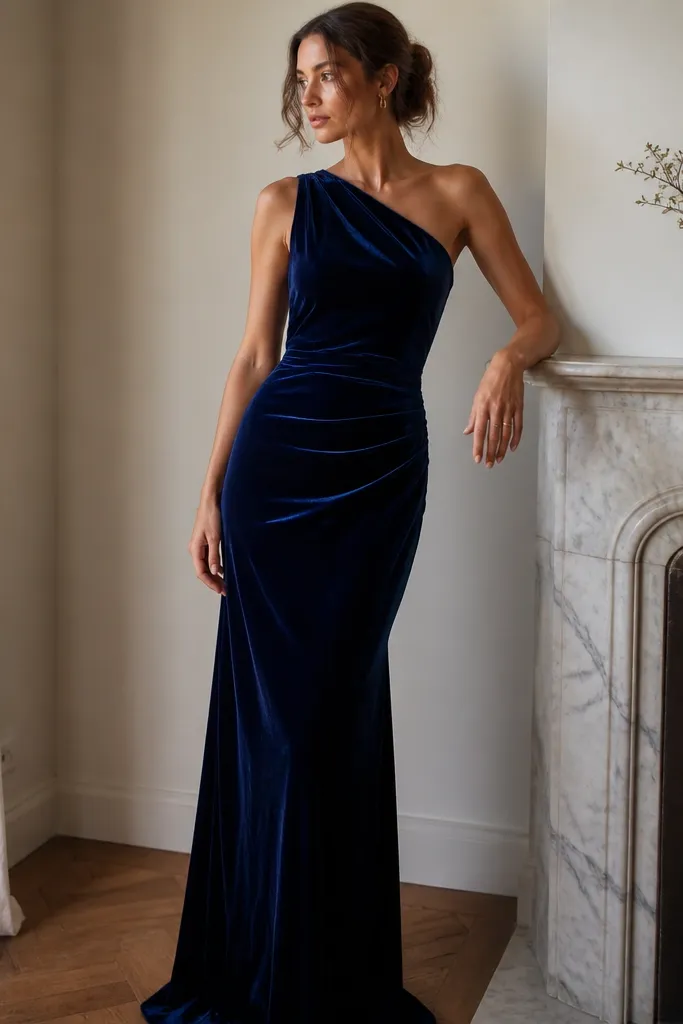 A midnight blue velvet one-shoulder maxi dress with a fitted waist and long skirt, styled with minimal jewelry. The velvet surface looks plush and absorbs light in a rich way.