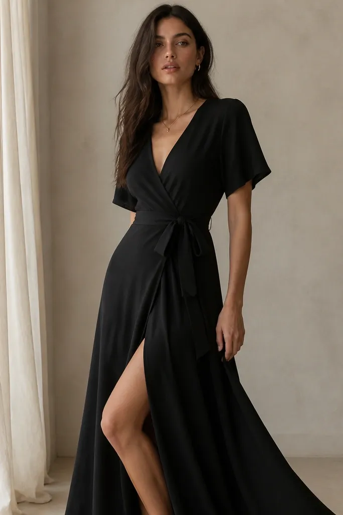 A black crepe wrap dress with a V-neck, fitted waist tie, and a high slit showing a bit of leg. The skirt flows in smooth panels with a matte finish.