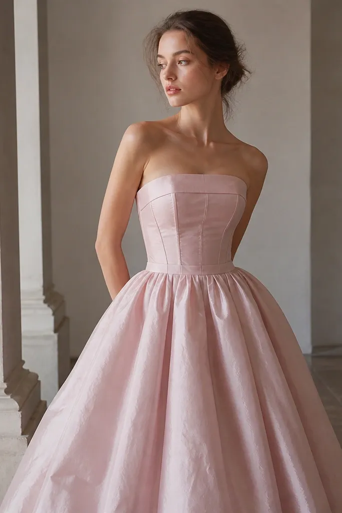 A rose quartz strapless taffeta dress with visible structure at the bodice and a full, softly gathered skirt. The fabric has crisp, slightly rustling texture.