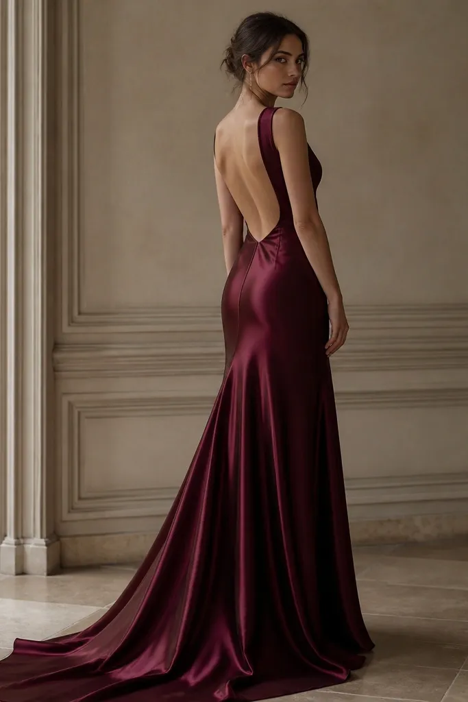 A deep burgundy satin gown with a dramatic open back and a small, subtle train behind. The front looks minimal with a smooth neckline.