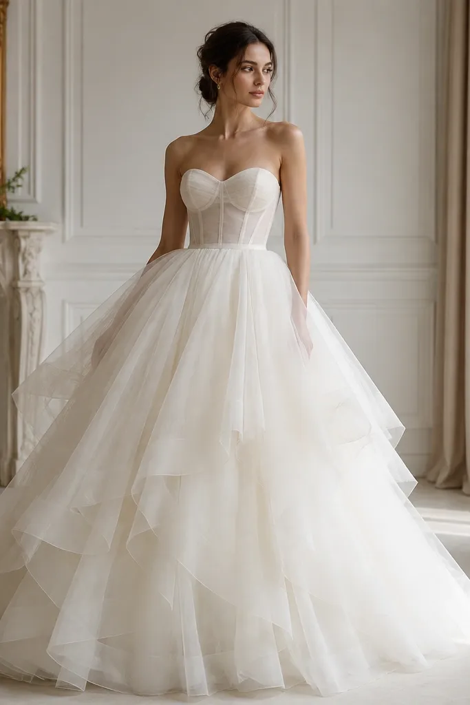 An ivory tulle ballgown with layered skirts and a structured bodice. The tulle looks airy but layered enough to hold volume.