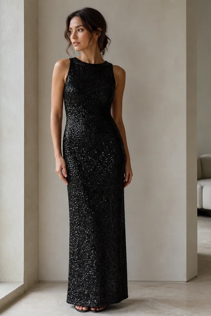 A black sequin column dress with a straight silhouette and a matte-looking underlayer that reduces sparkle gaps. The pattern appears consistent from neckline to hem.