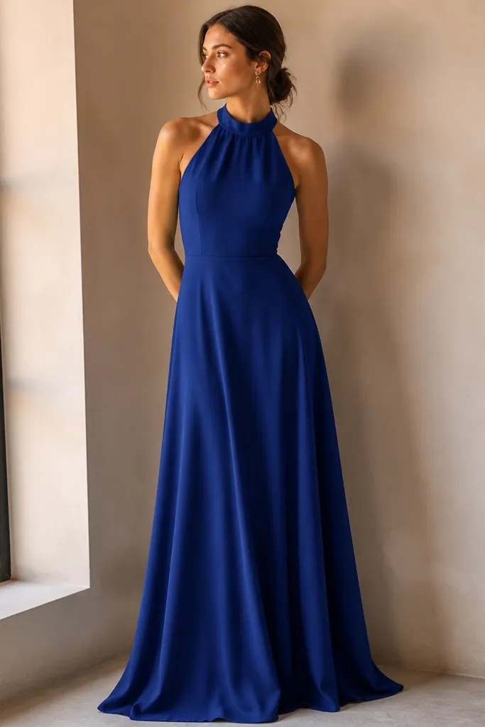 A sapphire blue crepe halter dress with a high neckline, fitted waist, and a long flowing skirt. The fabric is matte with clean seams.