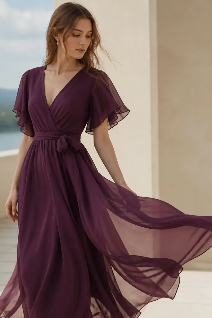 A plum chiffon wrap gown with flutter sleeves and a softly draped skirt. The fabric moves visibly and catches light in a semi-sheer way.