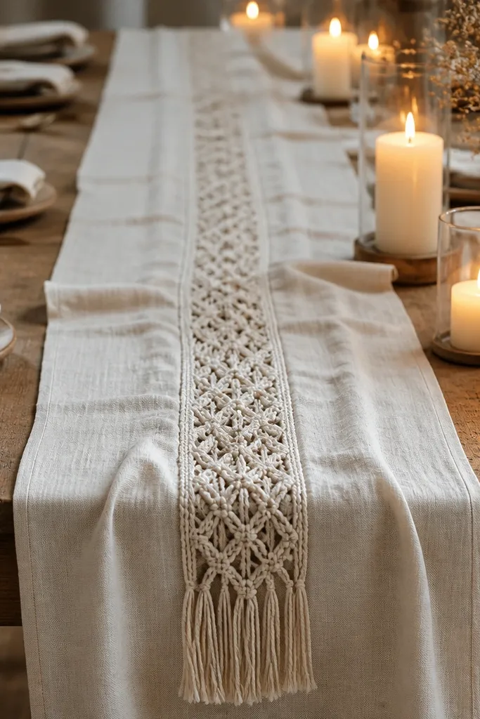 A long cream linen table runner with soft folds, topped by a narrow macramé strip with knotted fringe running down the center, styled under warm candlelight.