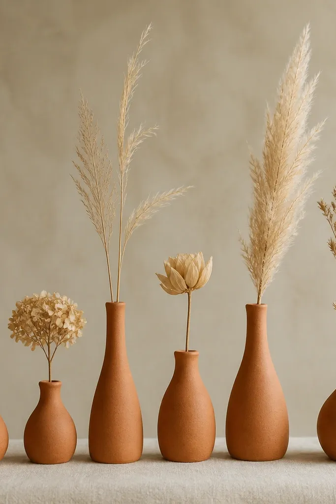 A row of small terracotta bud vases in varying heights, filled with single stems of dried pampas grass and soft beige flowers on a neutral tablecloth.