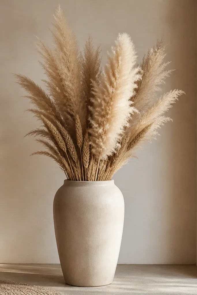 A tall matte ceramic urn filled with fluffy pampas plumes and dried wheat heads, arranged with one main plume leaning slightly toward the camera.