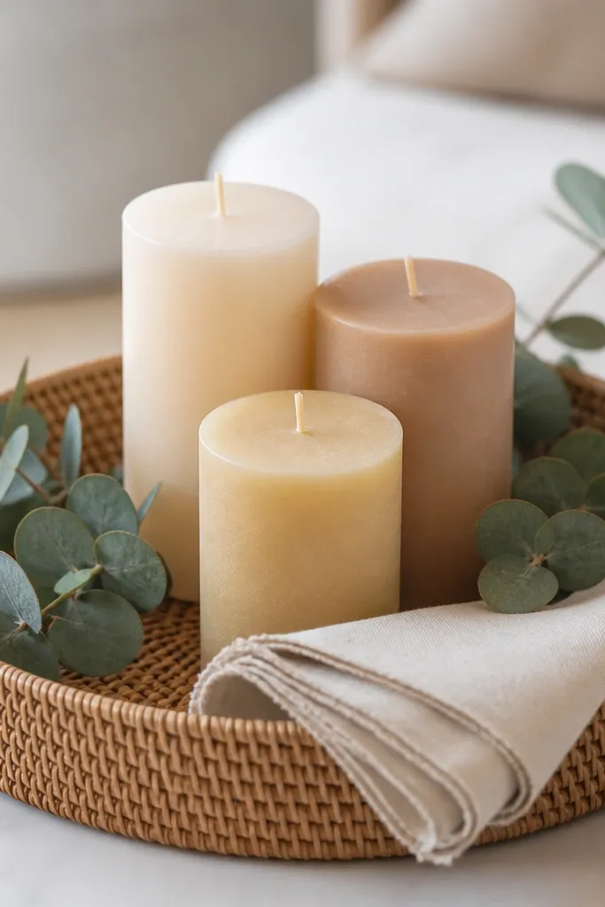 A round woven rattan tray holding three pillar candles in cream, tan, and pale gold, surrounded by a few sprigs of eucalyptus and a linen napkin folded beside them.