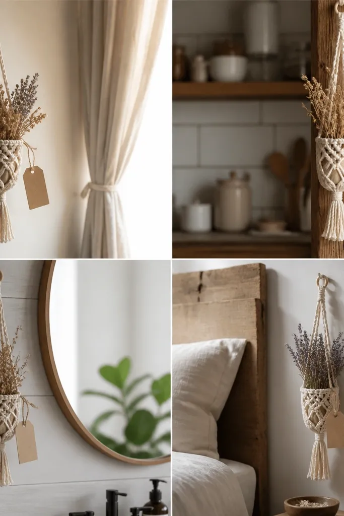 Small macramé plant hangers placed near each setting, holding a tiny bundle of dried flowers and a tag tied with twine.