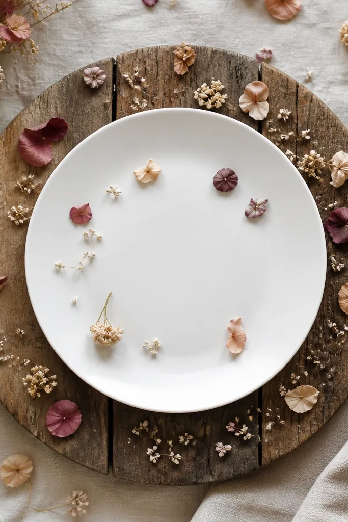 A rustic reclaimed wood charger under a white plate, with scattered dried petals and tiny beige flowers arranged like confetti around the plate.