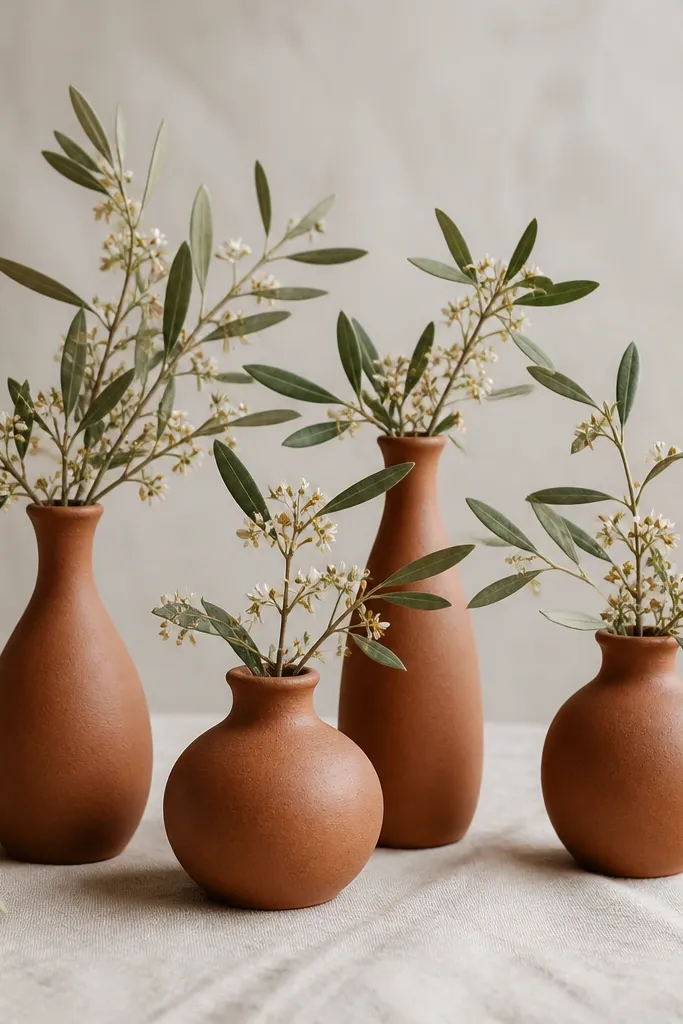 Terracotta bud vases grouped together with olive-green stems and small cream blooms on a light neutral tablecloth.