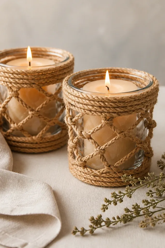 Glass votive cups wrapped in natural rope, each holding a beige candle, with a linen napkin and small sprig of dried greenery nearby.