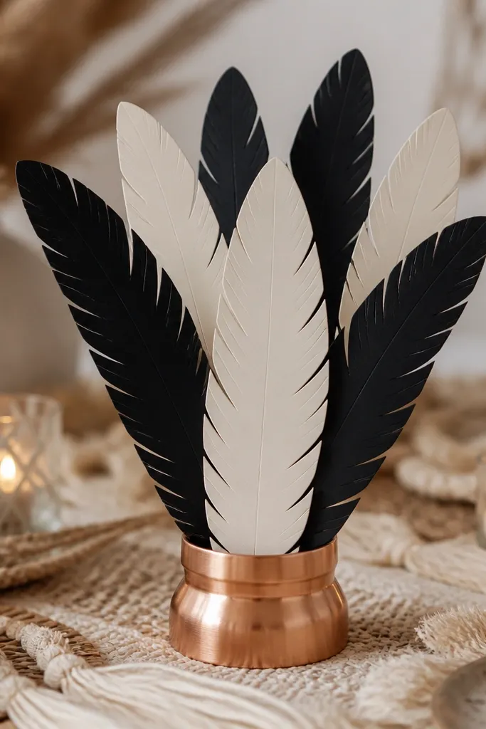 Place cards shaped like feathers, in black and cream, standing in a copper holder on a boho table with candles in the background.