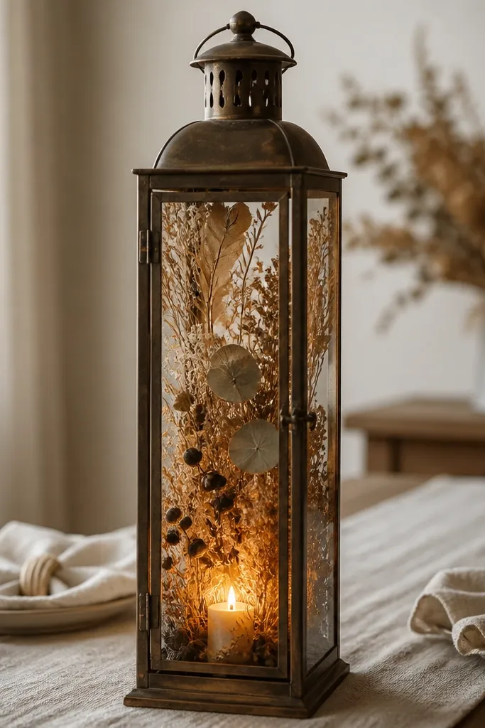A tall vintage lantern with warm light inside, filled with dried botanicals and a small candle at the bottom, set on a runner with linen napkins.