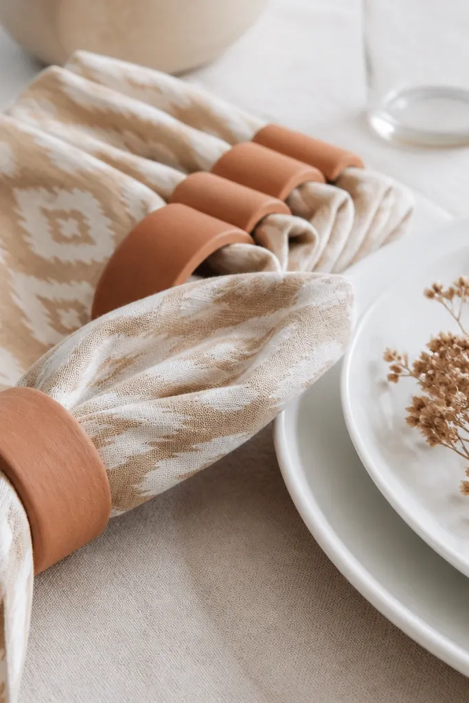 Folded beige ikat-pattern napkins with clay-colored terracotta napkin rings, placed beside white plates with a dried flower tucked near the utensil.