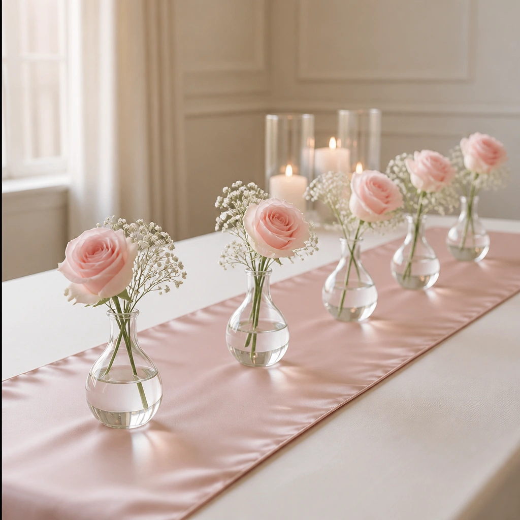 A long blush satin table runner with five small clear bud vases spaced evenly, each holding one blush rose stem and a touch of baby’s breath, with soft candlelight behind.