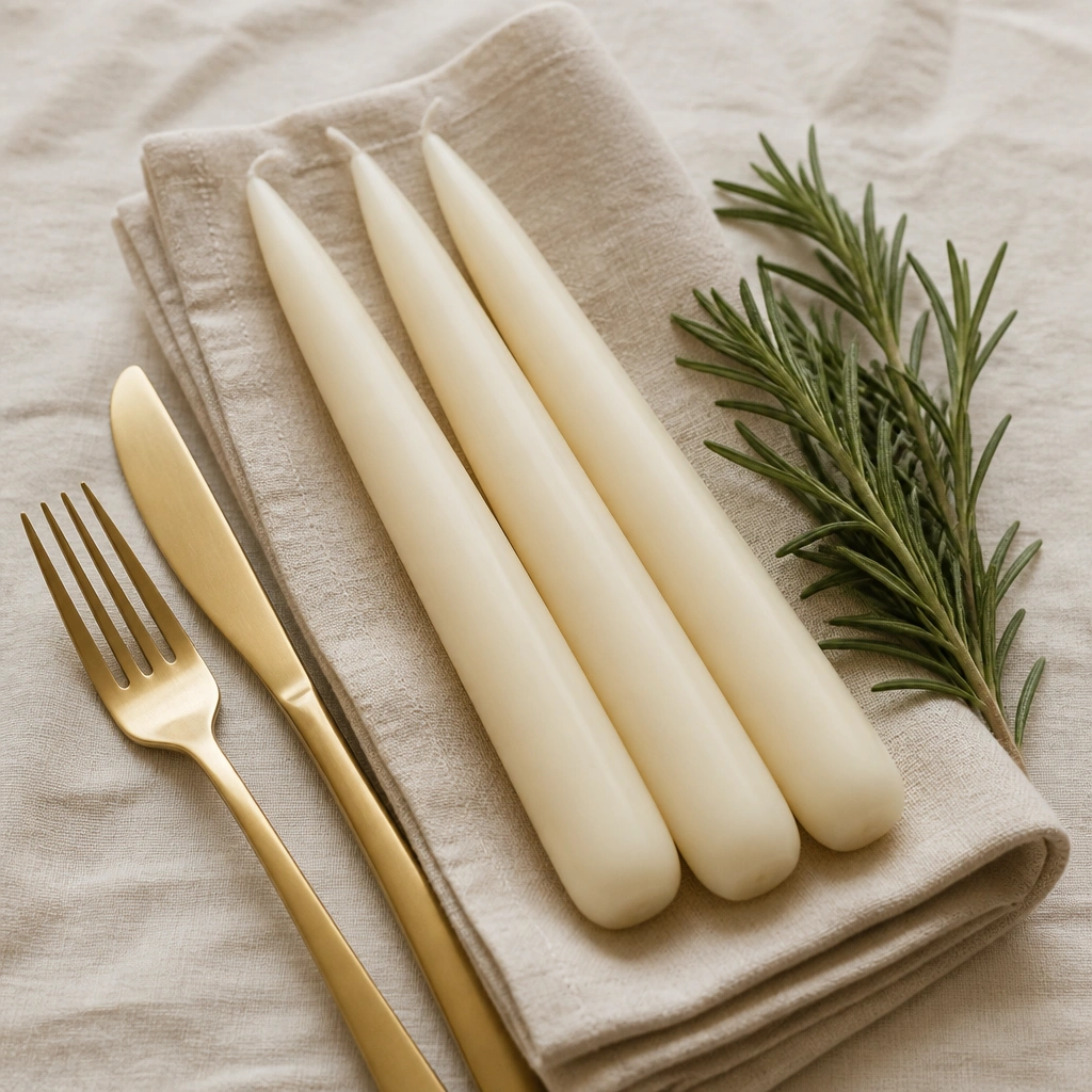 Three cream taper candles on a folded cream linen napkin, with subtle gold flatware laid diagonally beside a small sprig of rosemary.