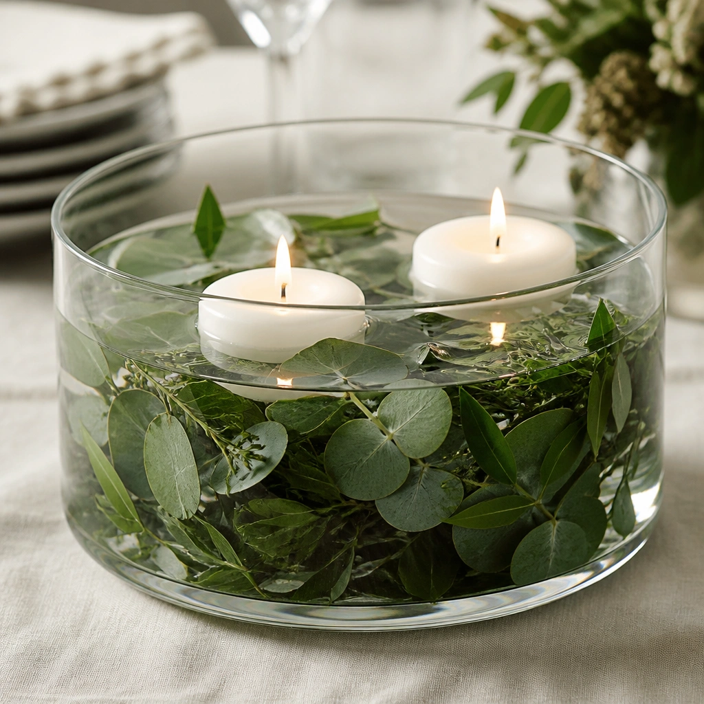 A clear round glass beverage tub filled with dense eucalyptus and ruscus, topped with two white floating candles, styled on a neutral tablecloth.