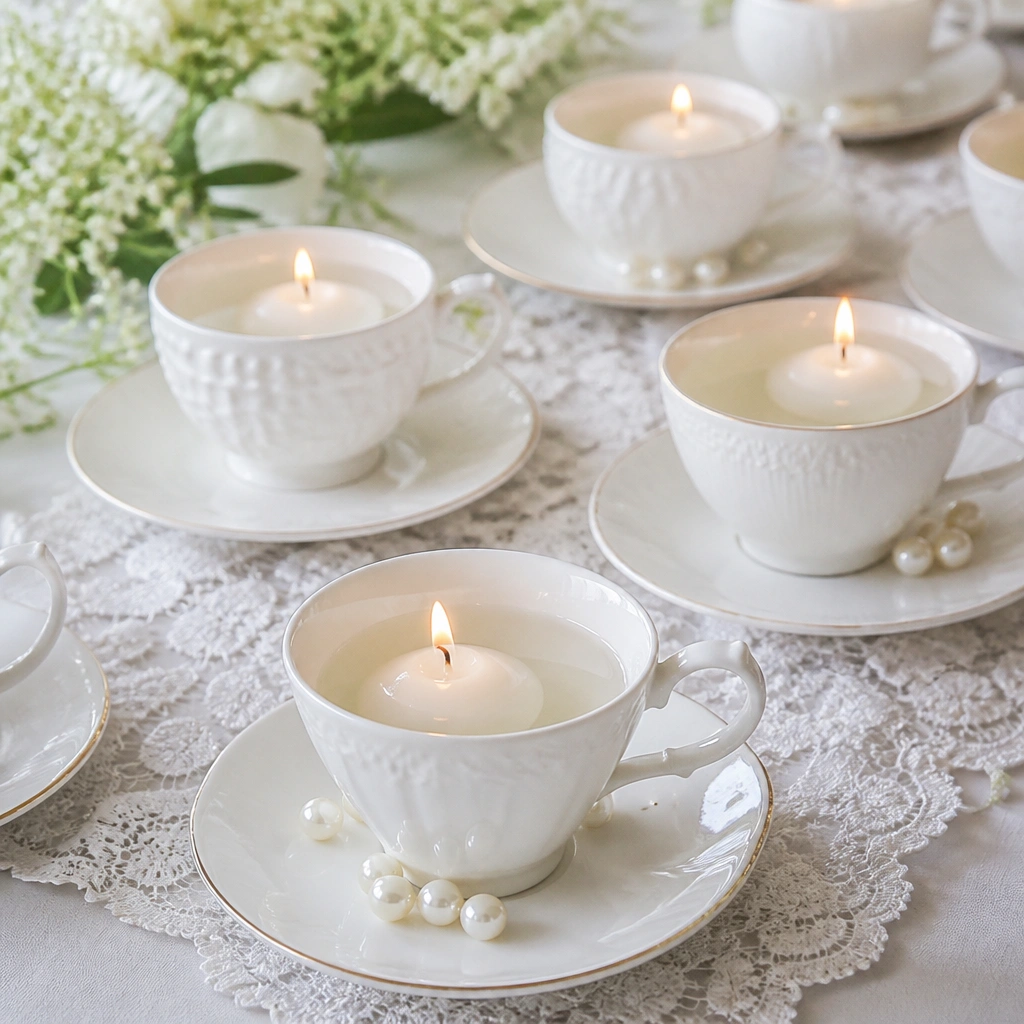 Scattered white teacups with saucers, each containing a mini floating candle, with a few pearl-like beads around the base on a white lace table runner.
