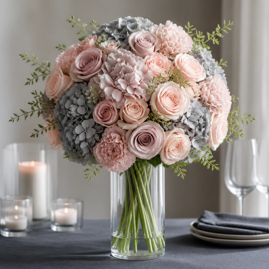 A tall clear cylinder vase holding a round, pom-like arrangement in blush and soft gray blooms, with thin greenery at the edges on a dark gray tablecloth.