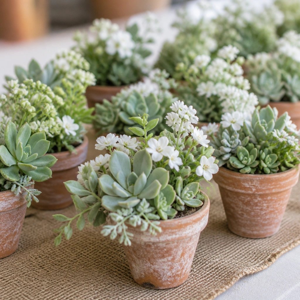 Multiple small terracotta pots grouped together, each filled with sage green succulents and tiny white flowers, arranged on a burlap runner.