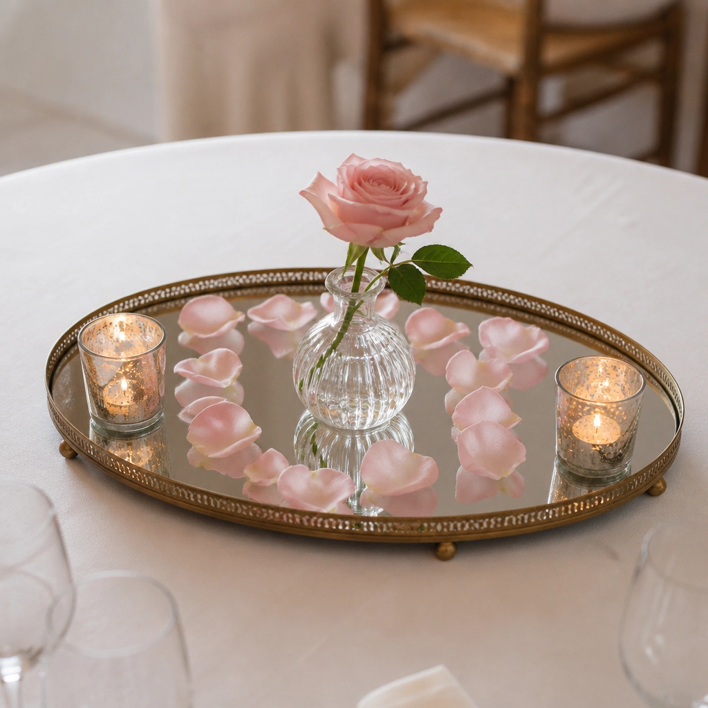 A mirrored tray centered on the table with rose petals scattered in a neat oval, a small bud vase with a single rose, and two votive candles at the corners.
