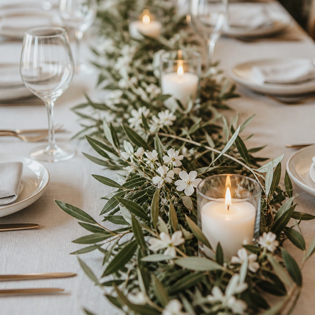 A long olive-green garland running down the center of a table with evenly spaced low white candles and small white blossoms tucked into the greenery.