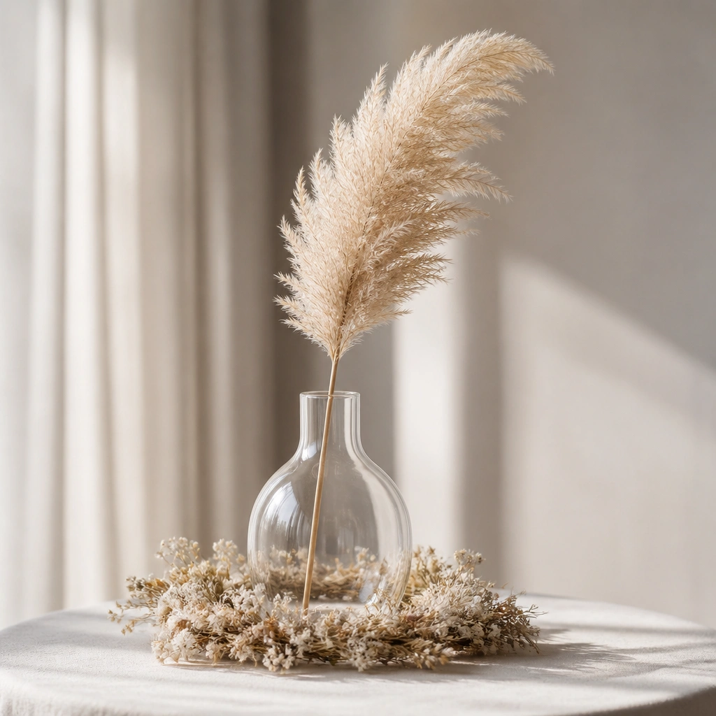 A clear vase with a single pampas plume in neutral beige, placed on a cream tablecloth with a small circle of dried flowers around the base.